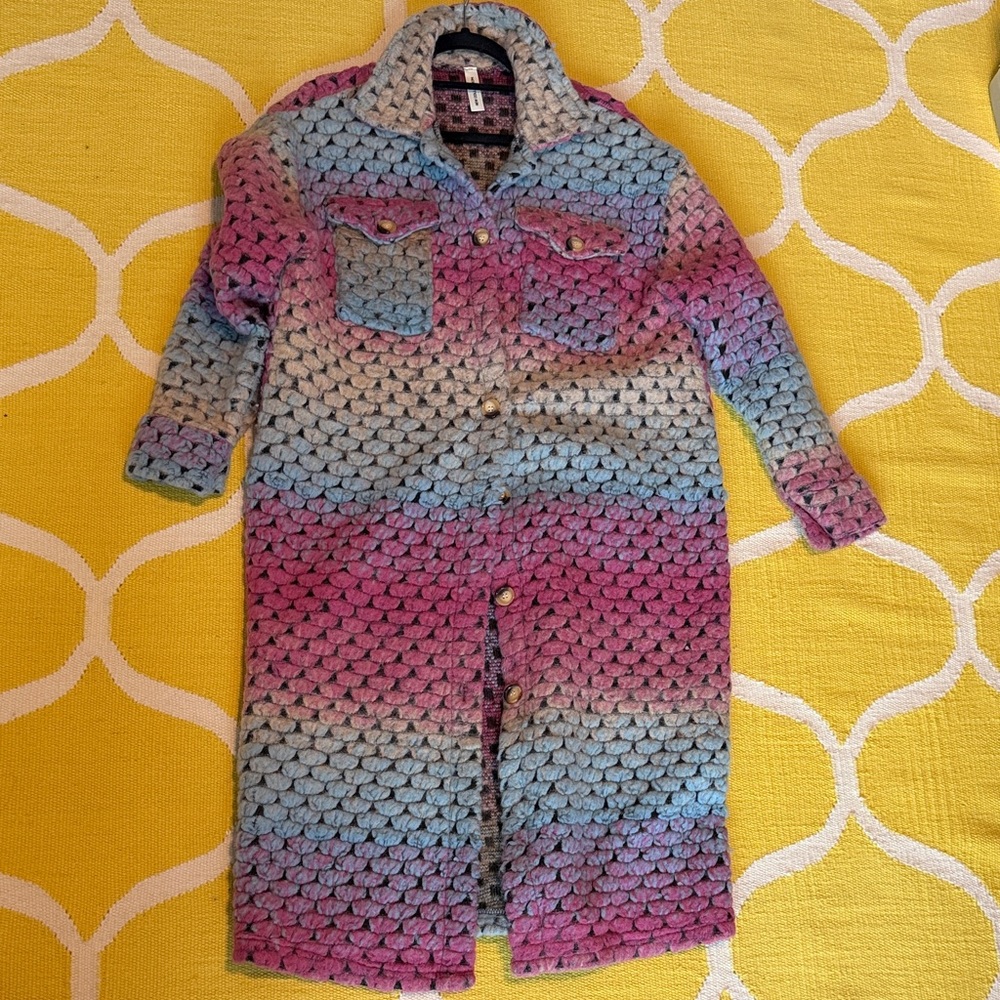 Crochet Long Button-Up Coatigan in Pink and Blue Ombre